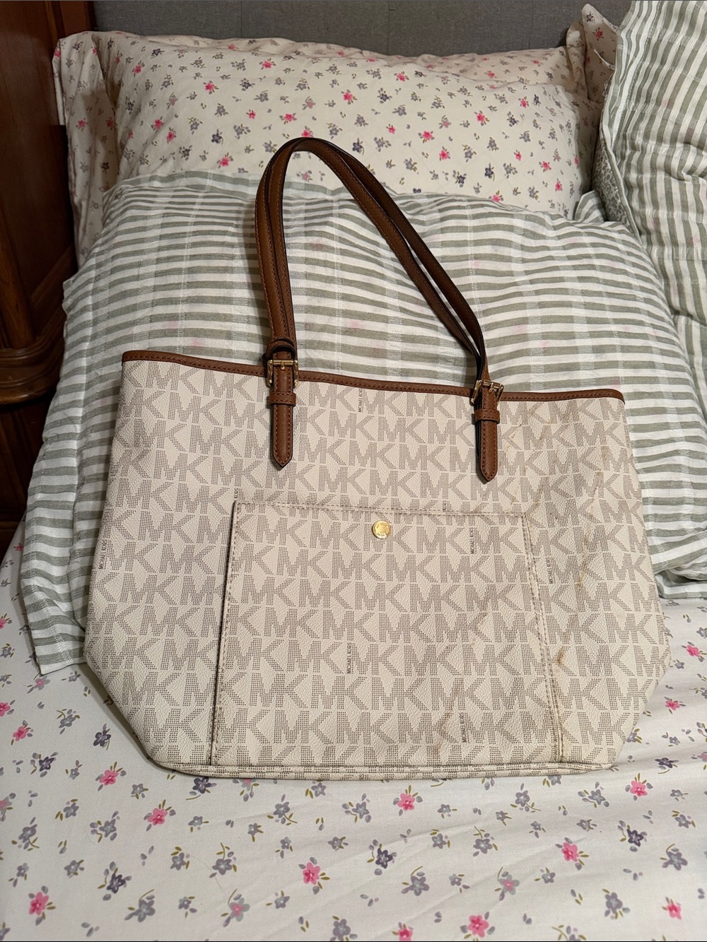 Michael Kors Cream MK Logo Tote with Brown Leather Straps